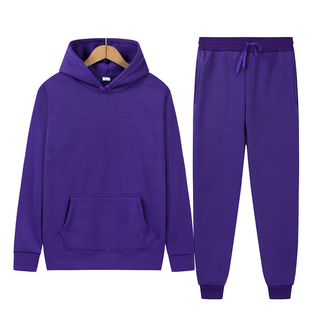 Solid-color Sport Hoodie And Sweatpants Two-piece Set