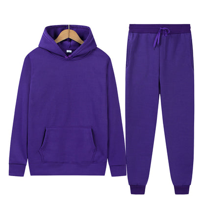 Solid-color Sport Hoodie And Sweatpants Two-piece Set