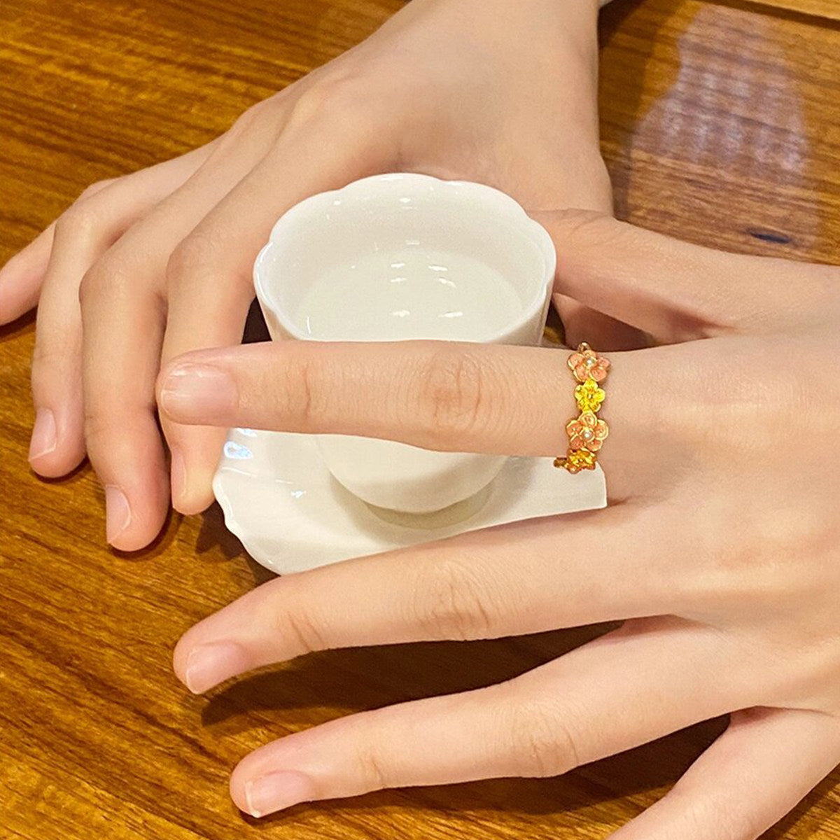 Micro-pave Shell Pearl Flower Ring With Adjustable Opening