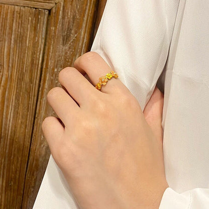 Micro-pave Shell Pearl Flower Ring With Adjustable Opening