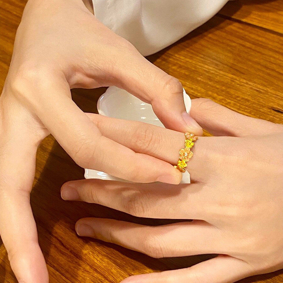 Micro-pave Shell Pearl Flower Ring With Adjustable Opening