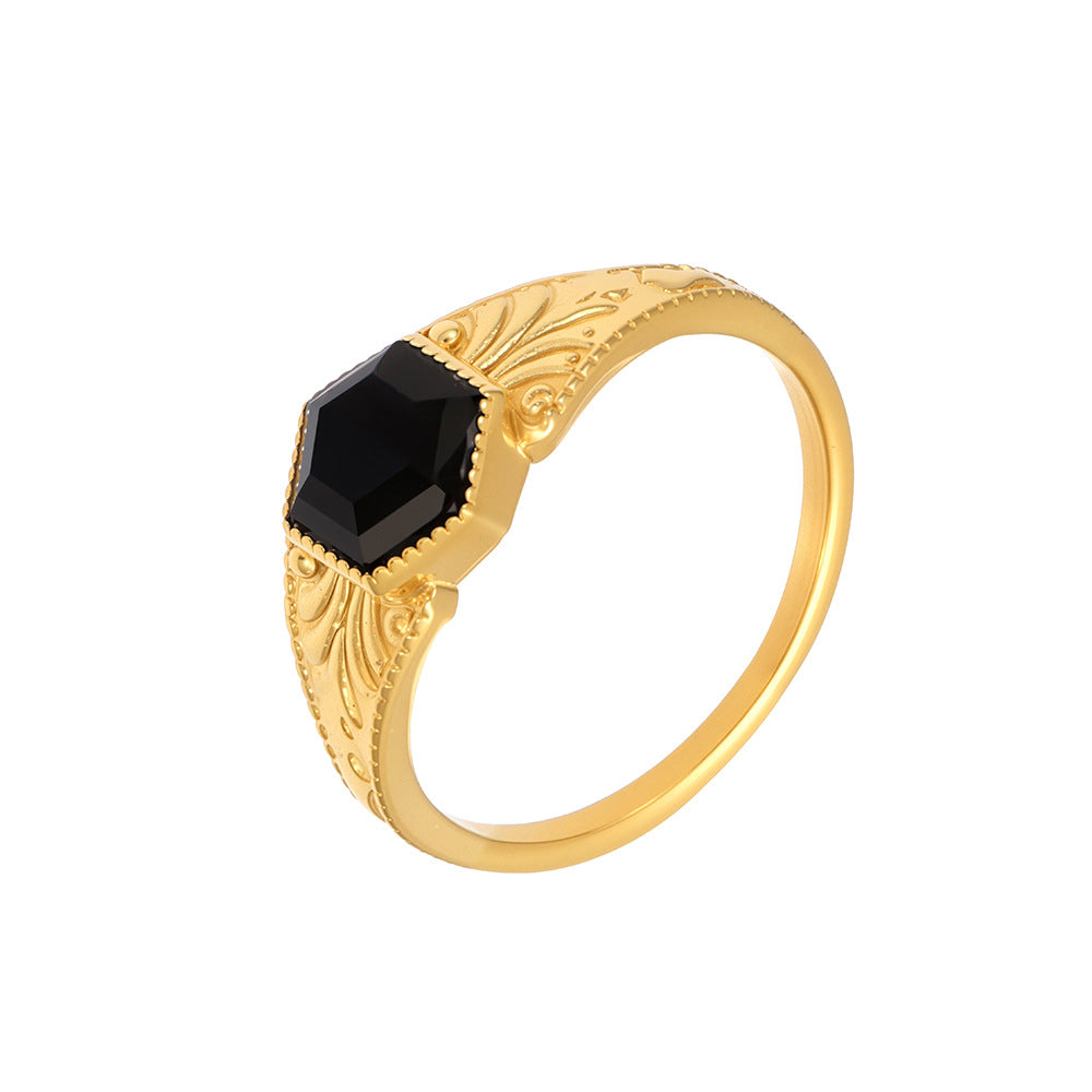 Stainless Steel Electroplated Patterned Vintage Ring With Black Natural Stone Inlay