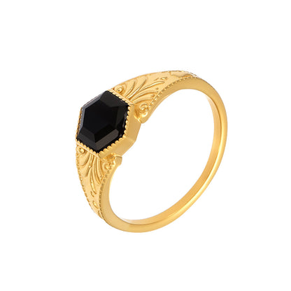 Stainless Steel Electroplated Patterned Vintage Ring With Black Natural Stone Inlay