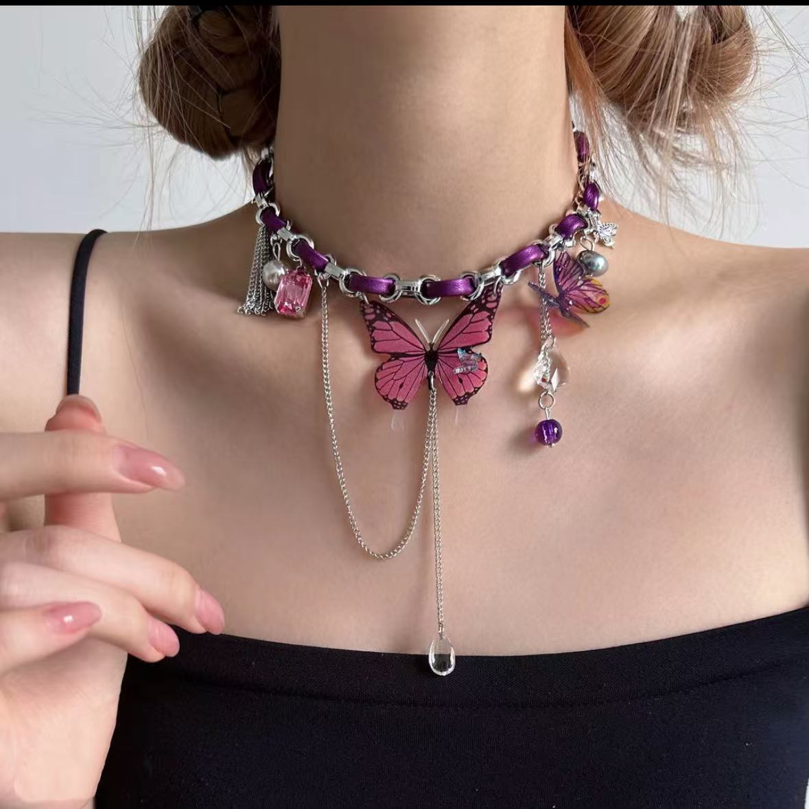 Purple Butterfly Pendant Tassel Necklace For Women Intricately Crafted Niche Design