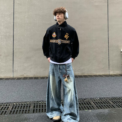 Streetwear Navy Blue Cropped Baseball Jacket