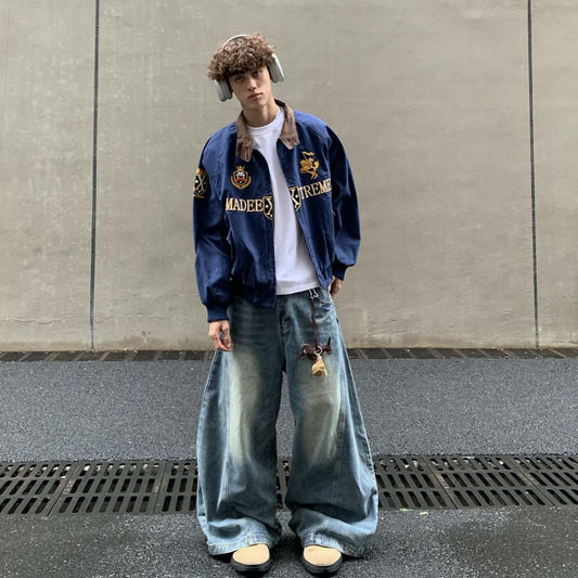 Streetwear Navy Blue Cropped Baseball Jacket