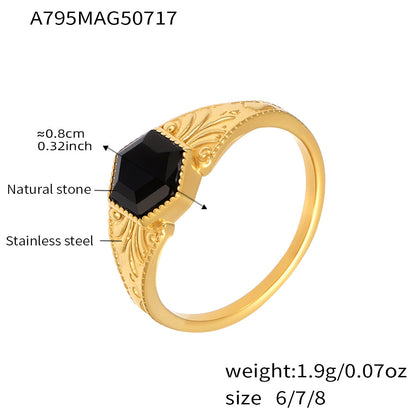 Stainless Steel Electroplated Patterned Vintage Ring With Black Natural Stone Inlay