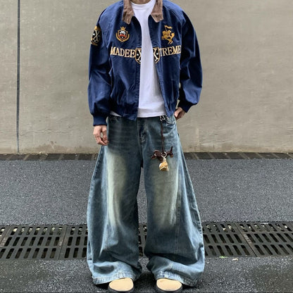 Streetwear Navy Blue Cropped Baseball Jacket